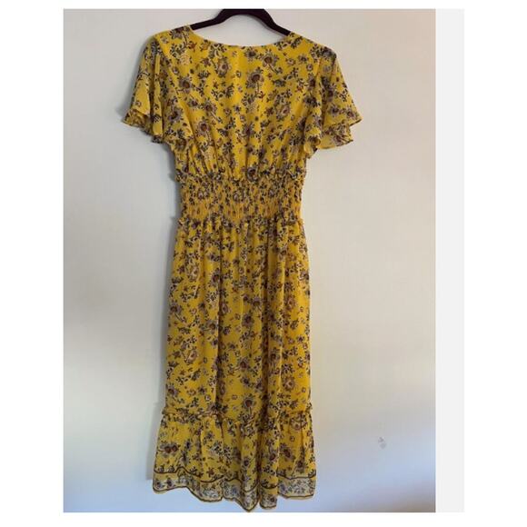 Max Studio Floral Ruffle Flutter Sleeve Dress Yellow Medium Gold Spring NEW - Picture 4 of 6